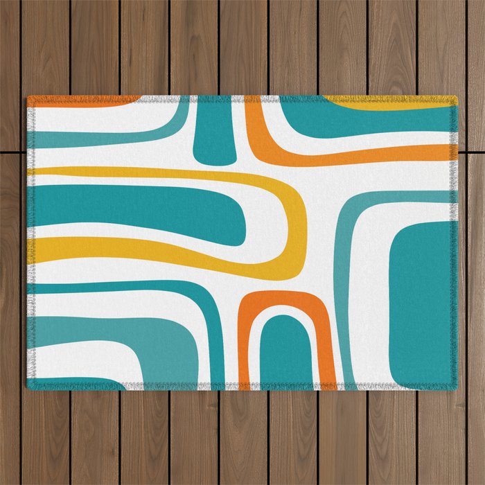 Palm Springs Mid Century Modern Abstract Pattern Orange Mustard Turquoise White Outdoor Rug Gallery Image 1