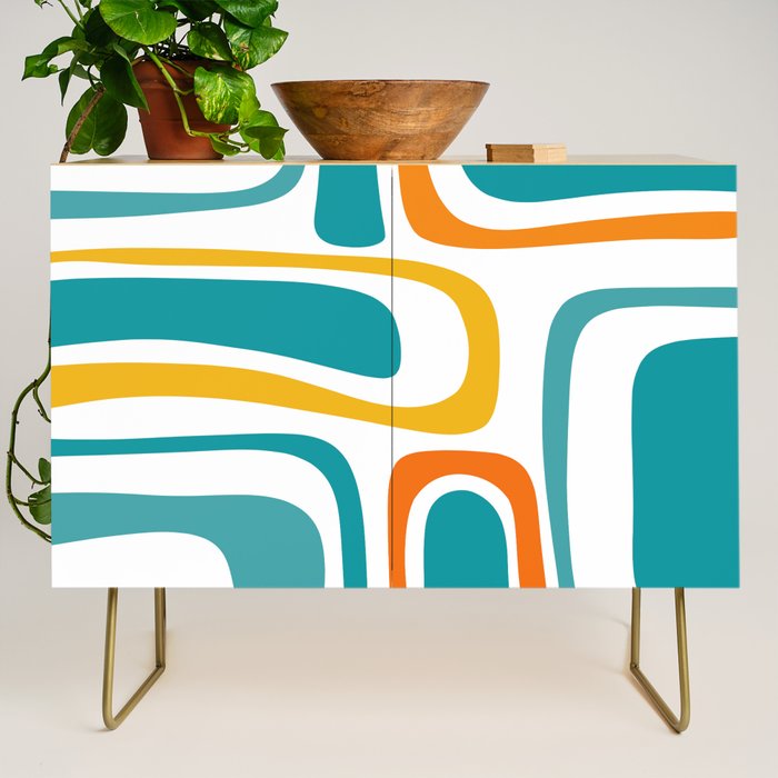 Palm Springs Mid Century Modern Abstract Pattern Orange Mustard Turquoise White Credenza Gallery Image 1