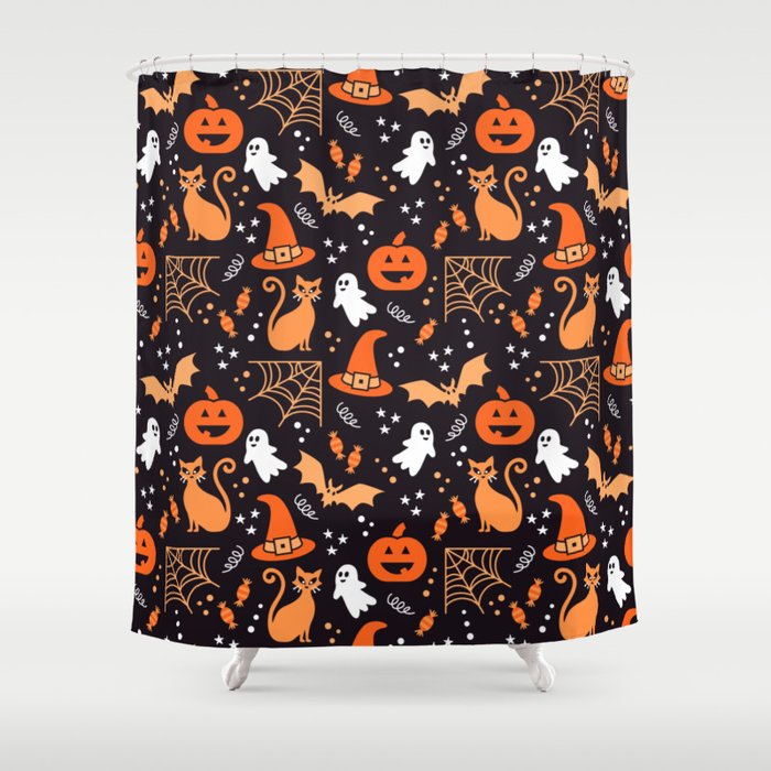 Halloween party illustrations orange, black Shower Curtain Gallery Image 1
