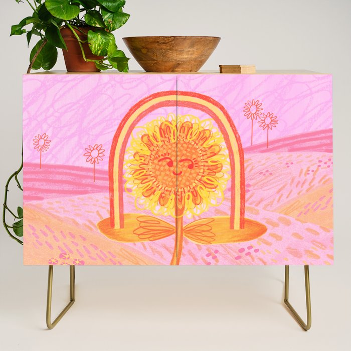 Retro Sunflower & Rainbow in Pink Credenza Gallery Image 1