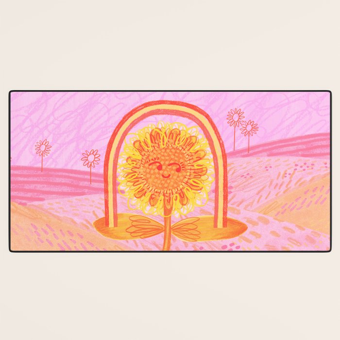 Retro Sunflower & Rainbow in Pink Desk Mat Gallery Image 3