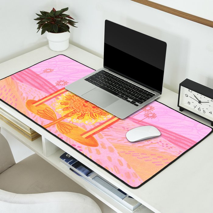 Retro Sunflower & Rainbow in Pink Desk Mat Gallery Image 2