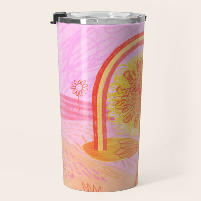 Retro Sunflower & Rainbow in Pink Travel Mug Gallery Image 3