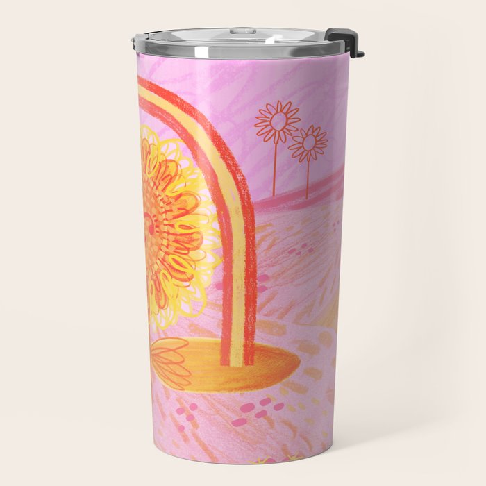 Retro Sunflower & Rainbow in Pink Travel Mug Gallery Image 2