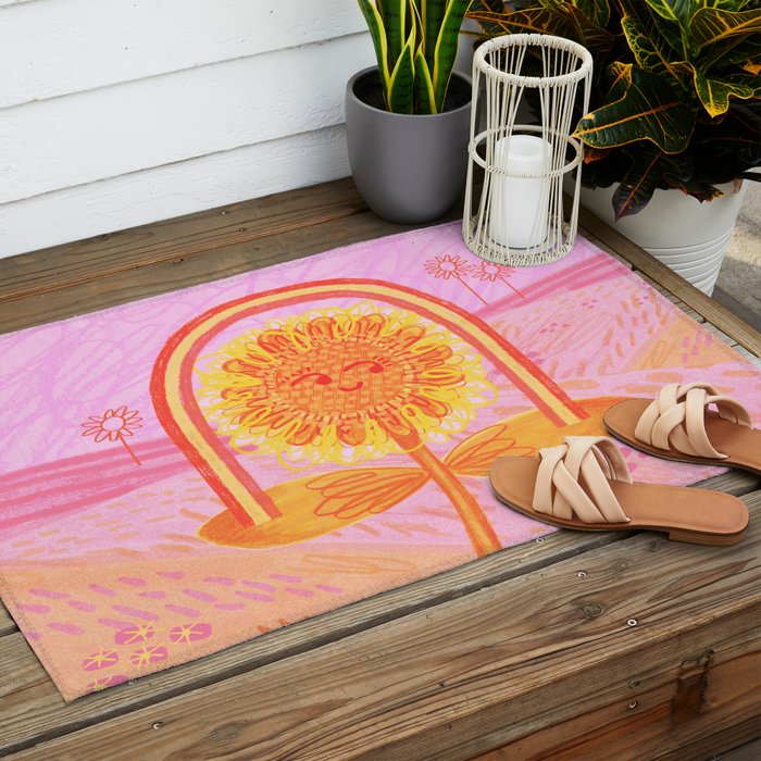 Retro Sunflower & Rainbow in Pink Outdoor Rug Gallery Image 2