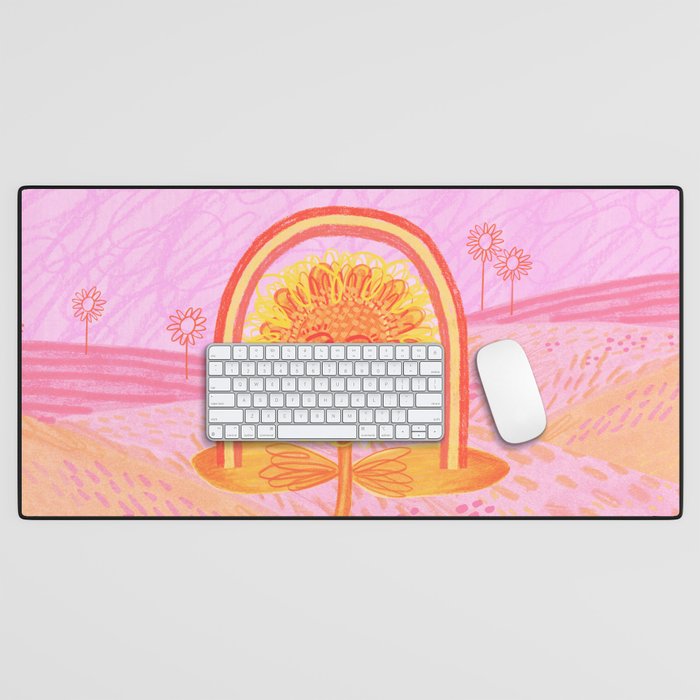 Retro Sunflower & Rainbow in Pink Desk Mat Gallery Image 1