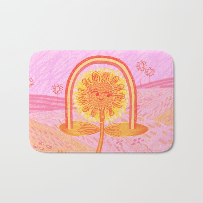 Retro Sunflower & Rainbow in Pink Bath Mat Gallery Image 1