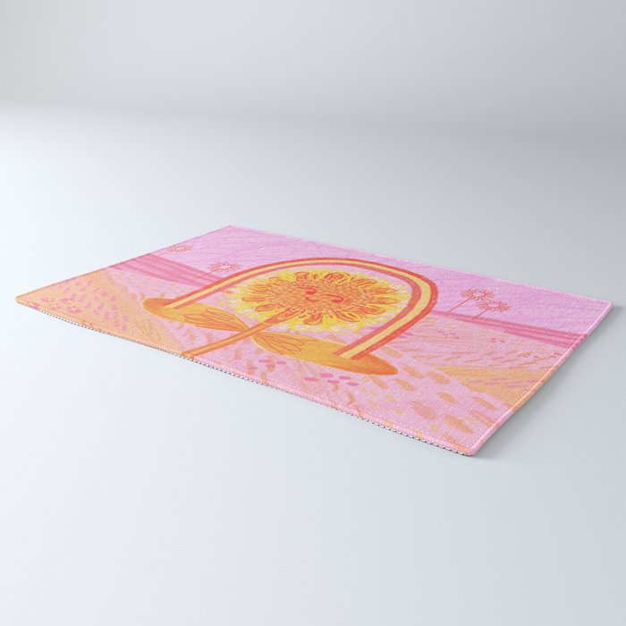 Retro Sunflower & Rainbow in Pink Rug Gallery Image 3