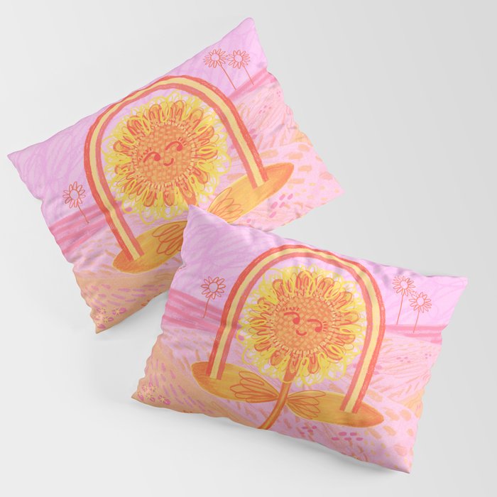 Retro Sunflower & Rainbow in Pink Pillow Sham Gallery Image 3