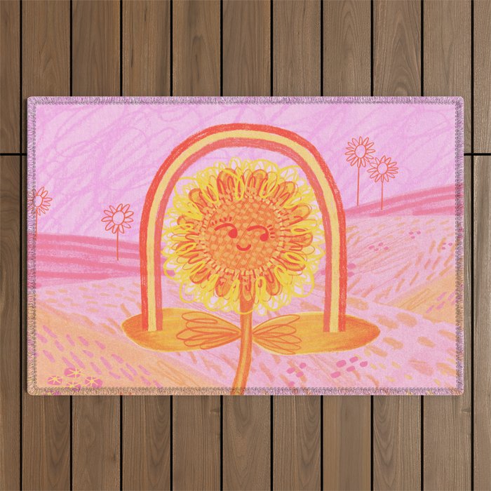 Retro Sunflower & Rainbow in Pink Outdoor Rug Gallery Image 1