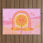 Retro Sunflower & Rainbow in Pink Outdoor Rug Gallery Image 1