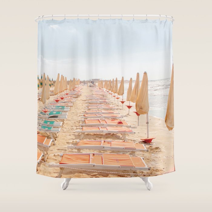 Puglia Loungers | Italy Travel Photography | Pastel Minimalist Beach Photo Shower Curtain Gallery Image 1