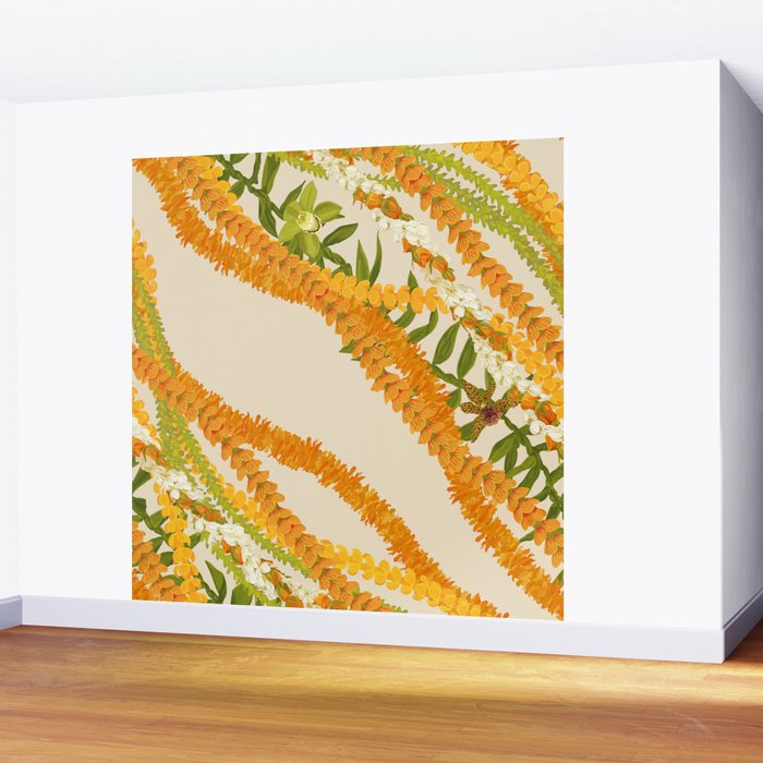 Diagonal Lei Pikake Orange Lokelani Pakalana Puakenikeni tileaf on beige Wall Mural Gallery Image 2