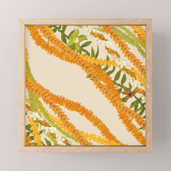 Diagonal Lei Pikake Orange Lokelani Pakalana Puakenikeni tileaf on beige Mini Art Print Gallery Image 1