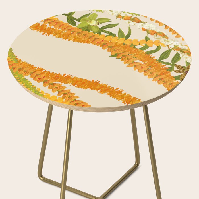 Diagonal Lei Pikake Orange Lokelani Pakalana Puakenikeni tileaf on beige Side Table Gallery Image 2