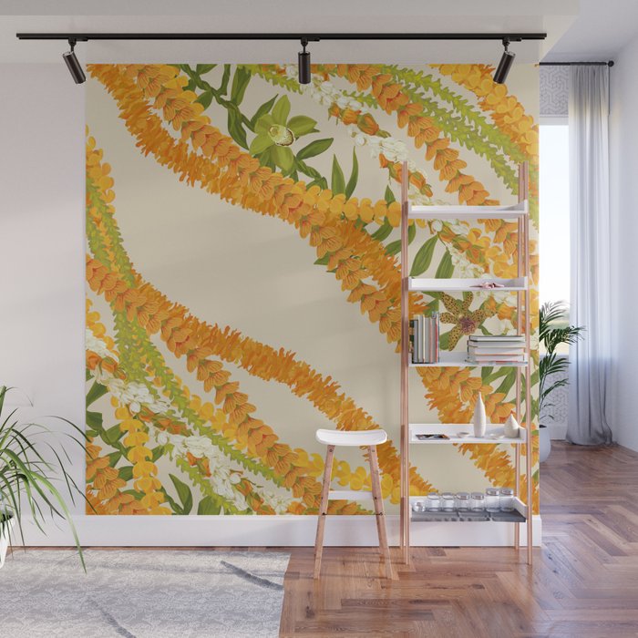 Diagonal Lei Pikake Orange Lokelani Pakalana Puakenikeni tileaf on beige Wall Mural Gallery Image 1
