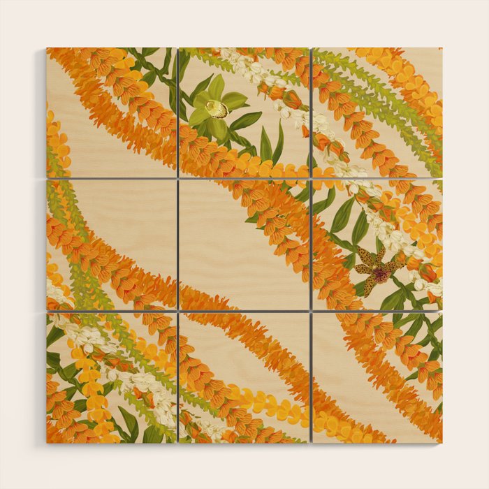 Diagonal Lei Pikake Orange Lokelani Pakalana Puakenikeni Tileaf On Beige Wood Wall Art