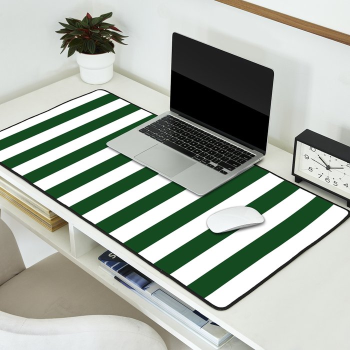 Large Forest Green and White Rustic Vertical Beach Stripes Desk Mat Gallery Image 2