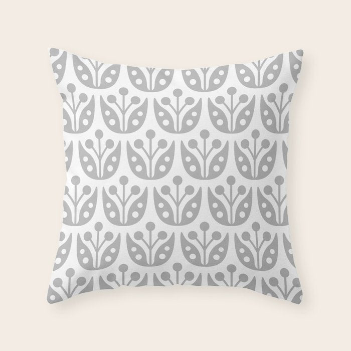 Mid Century Flower Pattern Gray Throw Pillow Gallery Image 1