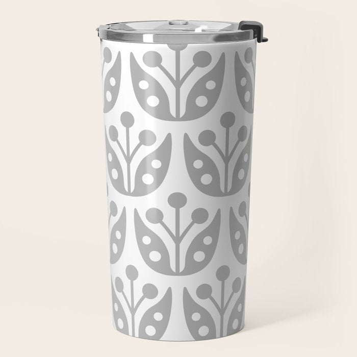 Mid Century Flower Pattern Gray Travel Mug Gallery Image 2