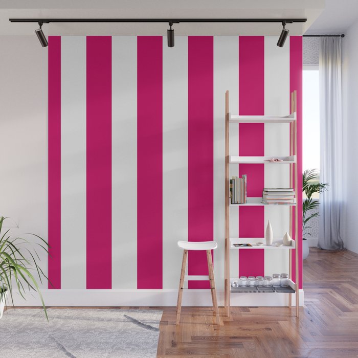 Bright Pink Peacock and White Wide Vertical Cabana Tent Stripe Wall Mural Gallery Image 1