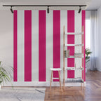 Bright Pink Peacock and White Wide Vertical Cabana Tent Stripe Wall Mural Gallery Image 1