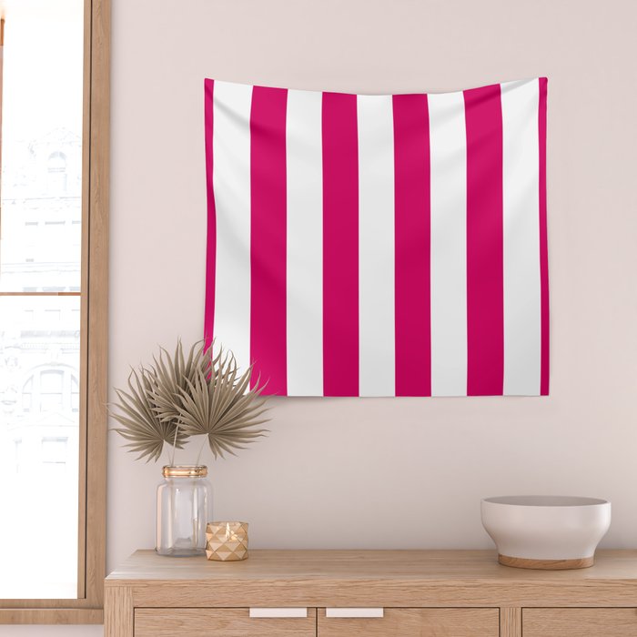 Bright Pink Peacock and White Wide Vertical Cabana Tent Stripe Wall Tapestry Gallery Image 2