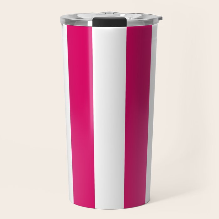 Bright Pink Peacock and White Wide Vertical Cabana Tent Stripe Travel Mug Gallery Image 1