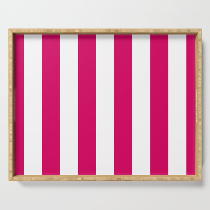 Bright Pink Peacock and White Wide Vertical Cabana Tent Stripe Serving Tray Gallery Image 1