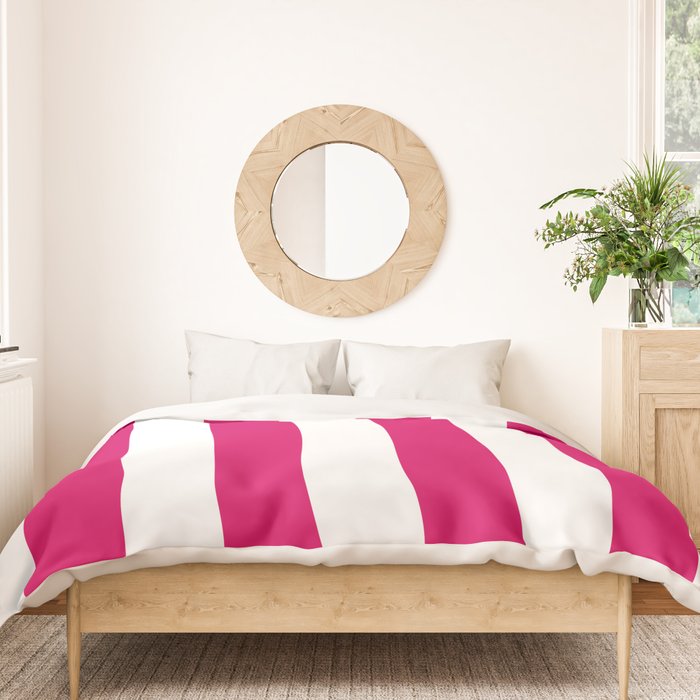 Bright Pink Peacock and White Wide Vertical Cabana Tent Stripe Duvet Cover Gallery Image 3