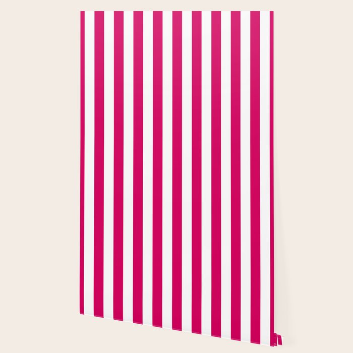 Bright Pink Peacock and White Wide Vertical Cabana Tent Stripe Wallpaper Gallery Image 2