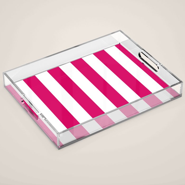 Bright Pink Peacock and White Wide Vertical Cabana Tent Stripe Acrylic Tray Gallery Image 1