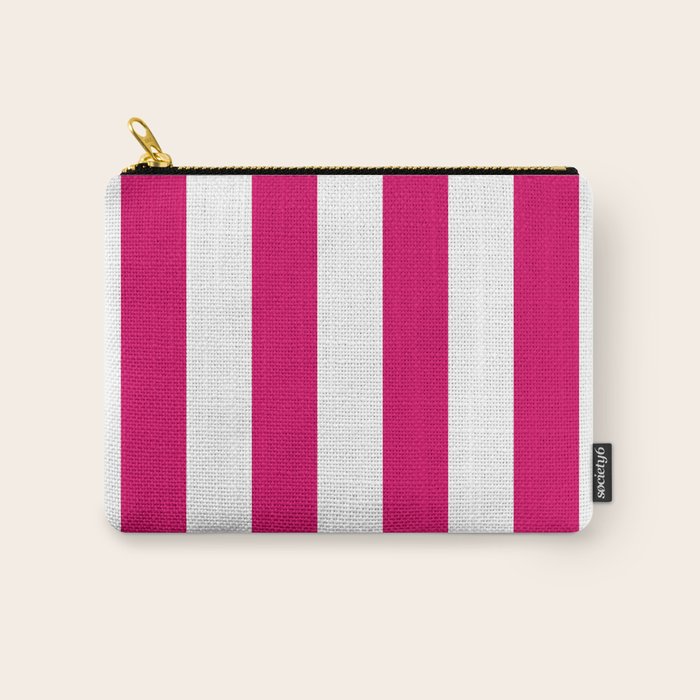 Bright Pink Peacock and White Wide Vertical Cabana Tent Stripe Carry All Pouch Gallery Image 1