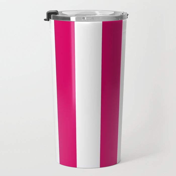 Bright Pink Peacock and White Wide Vertical Cabana Tent Stripe Travel Mug Gallery Image 3