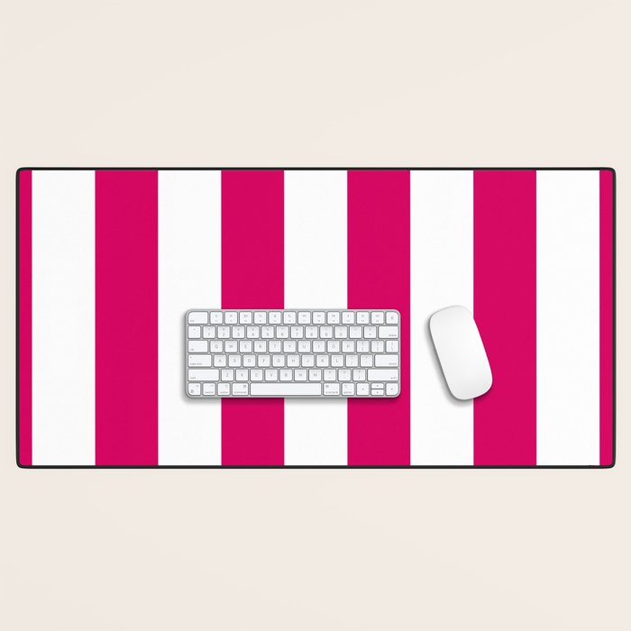 Bright Pink Peacock and White Wide Vertical Cabana Tent Stripe Desk Mat Gallery Image 1