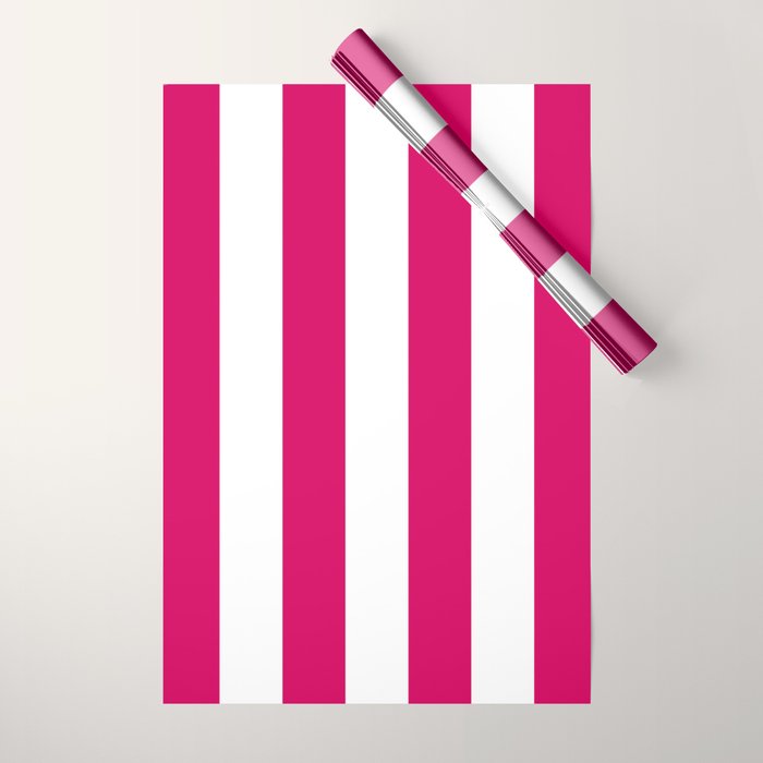 Bright Pink Peacock and White Wide Vertical Cabana Tent Stripe Wrapping Paper Gallery Image 1