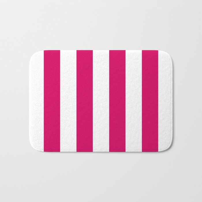 Bright Pink Peacock and White Wide Vertical Cabana Tent Stripe Bath Mat Gallery Image 1