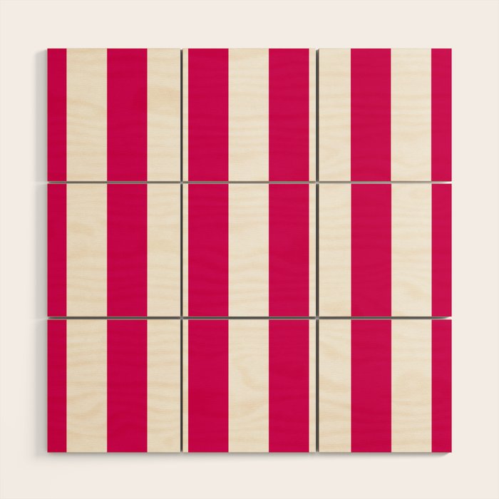 Bright Pink Peacock and White Wide Vertical Cabana Tent Stripe Wood Wall Art Gallery Image 1