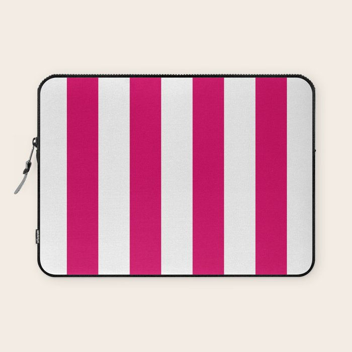Bright Pink Peacock and White Wide Vertical Cabana Tent Stripe Laptop Sleeve Gallery Image 1