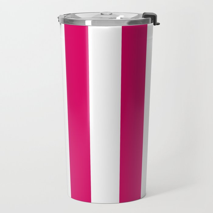 Bright Pink Peacock and White Wide Vertical Cabana Tent Stripe Travel Mug Gallery Image 2