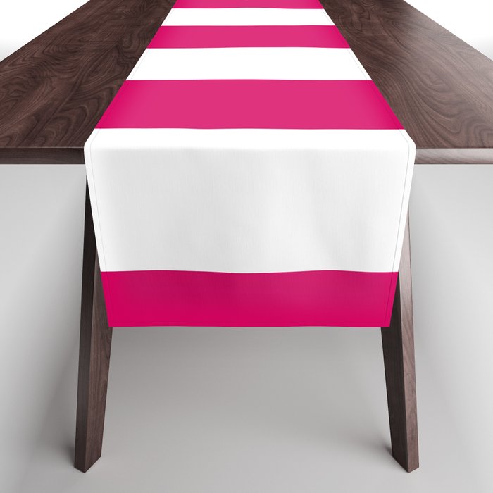 Bright Pink Peacock and White Wide Vertical Cabana Tent Stripe Table Runner Gallery Image 1