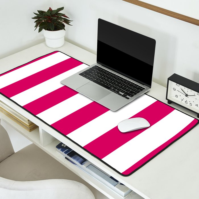 Bright Pink Peacock and White Wide Vertical Cabana Tent Stripe Desk Mat Gallery Image 2