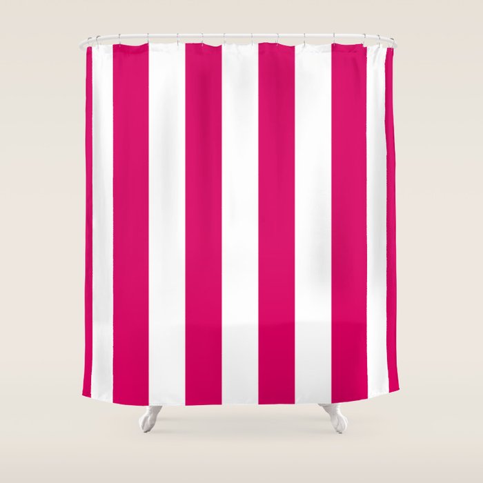 Bright Pink Peacock and White Wide Vertical Cabana Tent Stripe Shower Curtain Gallery Image 1