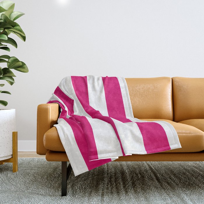 Bright Pink Peacock and White Wide Vertical Cabana Tent Stripe Throw Blanket Gallery Image 1