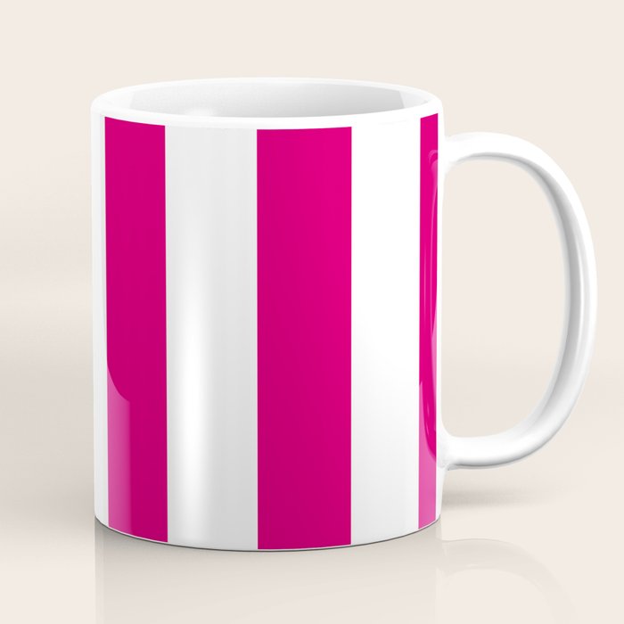 Bright Pink Peacock and White Wide Vertical Cabana Tent Stripe Coffee Mug Gallery Image 1