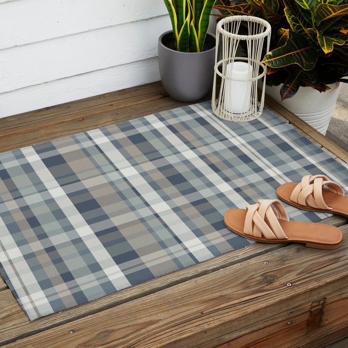Retro Modern Plaid Pattern in Neutral Blue Gray Taupe Tones Outdoor Rug Gallery Image 2