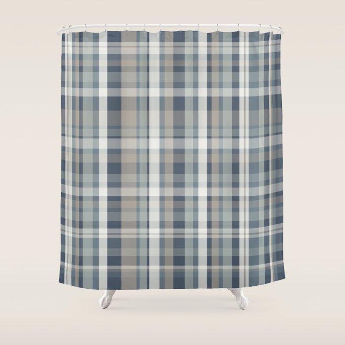 Retro Modern Plaid Pattern in Neutral Blue Gray Taupe Tones Shower Curtain Gallery Image 1
