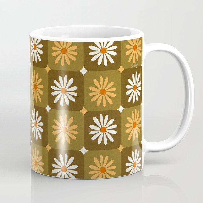 Checkered Daisies - Retro & Olive Coffee Mug Gallery Image 1