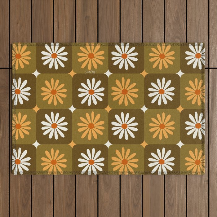Checkered Daisies - Retro & Olive Outdoor Rug Gallery Image 1