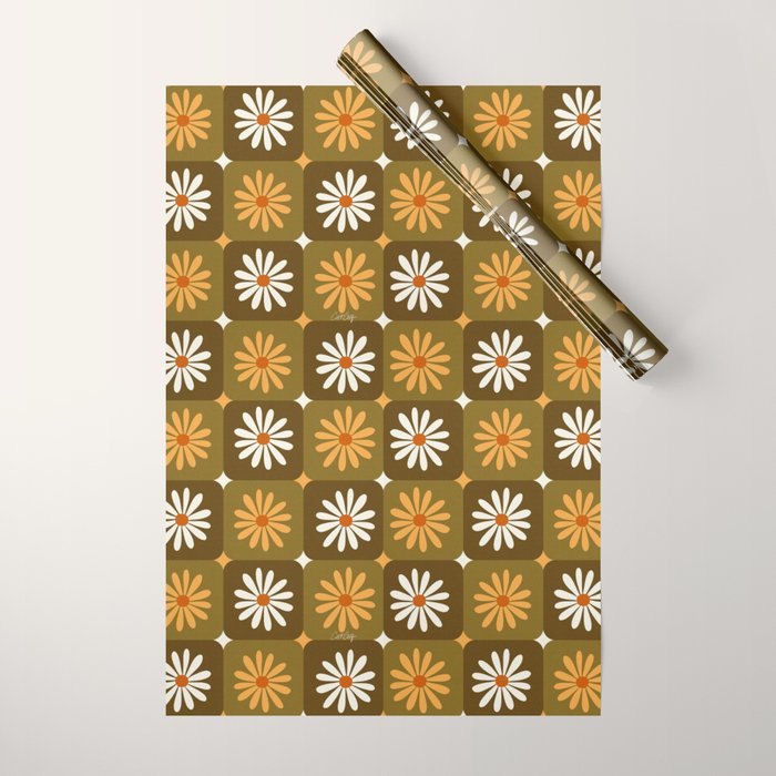 Checkered Daisies - Retro & Olive Wrapping Paper Gallery Image 1